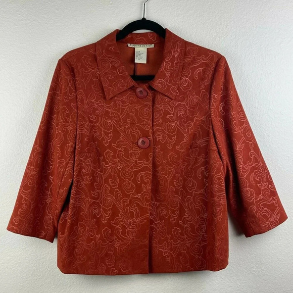 REQUIREMENTS Blazer Jacket Women's Sz M Two-Button 3/4 Sleeve Floral Red Orange - Picture 1 of 9